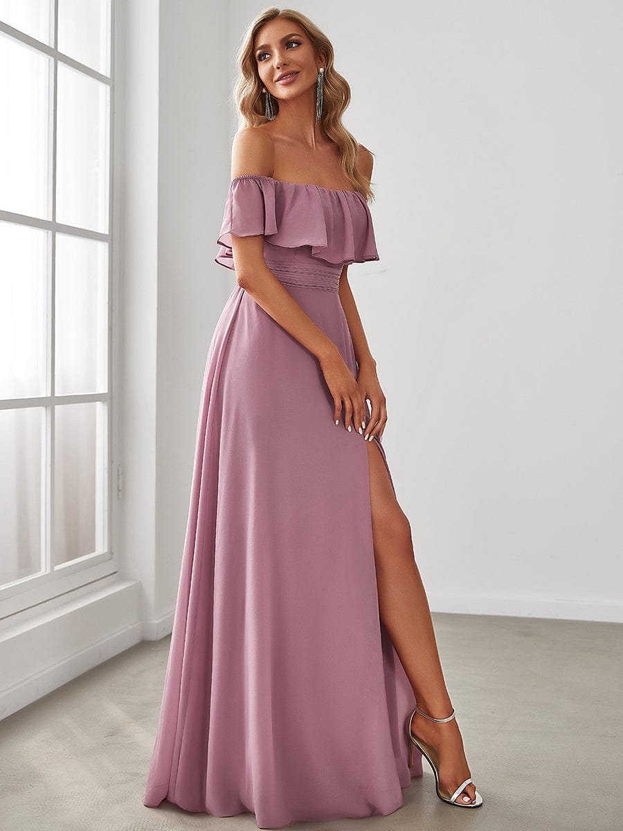 Elegant Off Shoulder Ruffles Thigh Split Dress for Bridesmaids