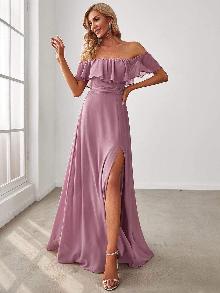 Elegant Off Shoulder Ruffles Thigh Split Dress for Bridesmaids