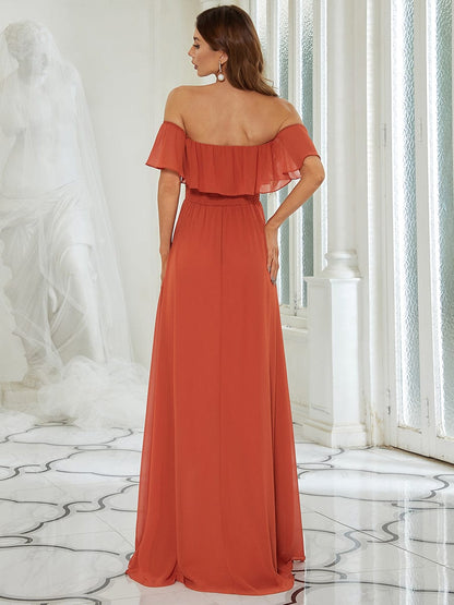 Elegant Off Shoulder Ruffles Thigh Split Dress for Bridesmaids