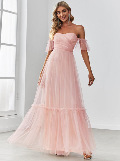 Elegant Off-Shoulder Sweetheart Evening Gown with Double Layer Pleats