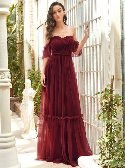 Elegant Off-Shoulder Sweetheart Evening Gown with Double Layer Pleats