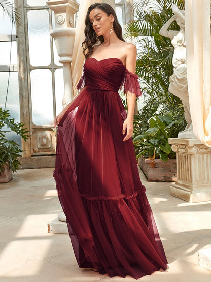 Elegant Off-Shoulder Sweetheart Evening Gown with Double Layer Pleats