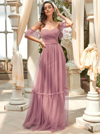 Elegant Off-Shoulder Sweetheart Evening Gown with Double Layer Pleats