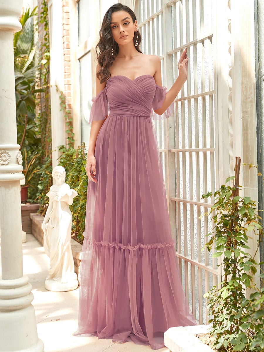 Elegant Off-Shoulder Sweetheart Evening Gown with Double Layer Pleats