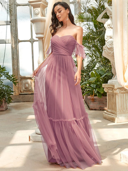 Elegant Off-Shoulder Sweetheart Evening Gown with Double Layer Pleats