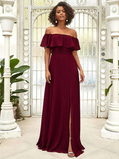 Elegant Off-The-Shoulder Ruffle Bridesmaid Dress with Thigh-High Split