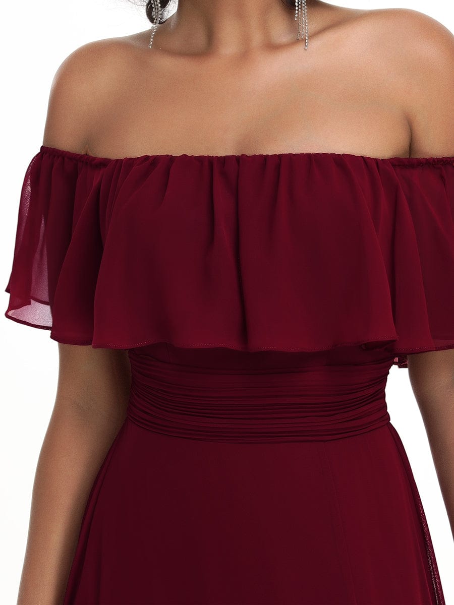 Elegant Off-The-Shoulder Ruffle Bridesmaid Dress with Thigh-High Split