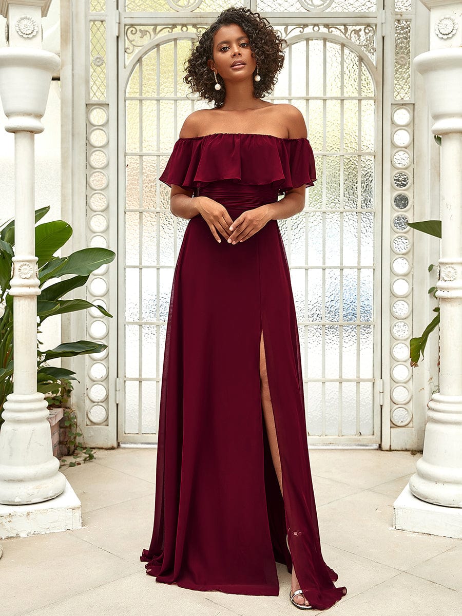 Elegant Off-The-Shoulder Ruffle Bridesmaid Dress with Thigh-High Split