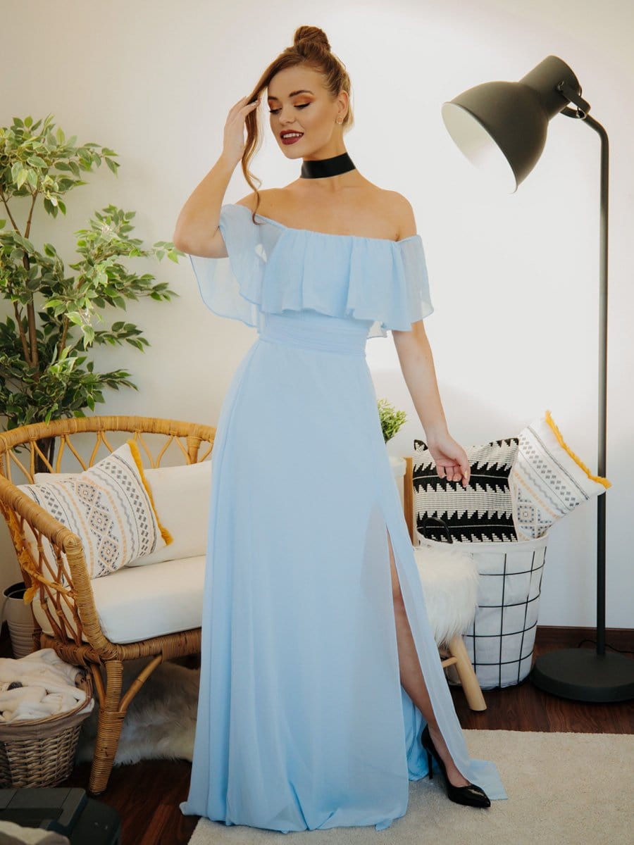 Elegant Off-The-Shoulder Ruffle Bridesmaid Dress with Thigh-High Split