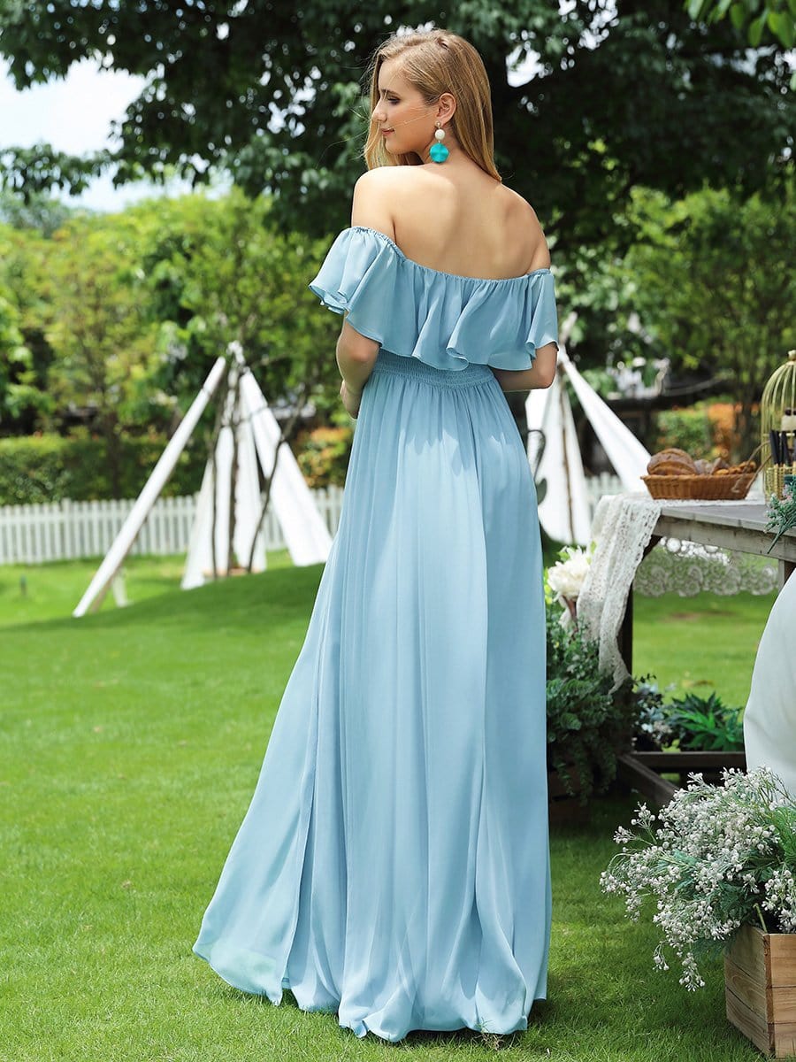 Elegant Off-The-Shoulder Ruffle Bridesmaid Dress with Thigh-High Split