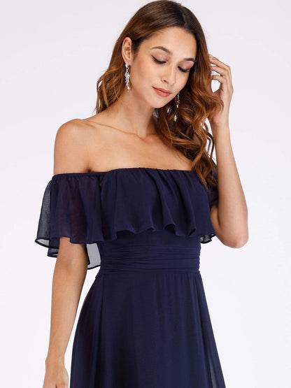 Elegant Off-The-Shoulder Ruffle Bridesmaid Dress with Thigh-High Split