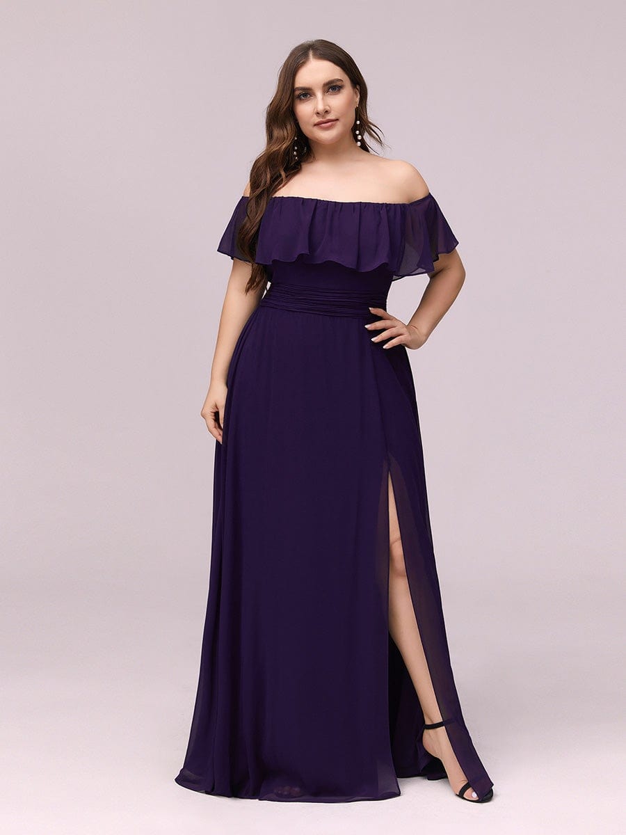 Elegant Off-The-Shoulder Ruffle Bridesmaid Dress with Thigh-High Split