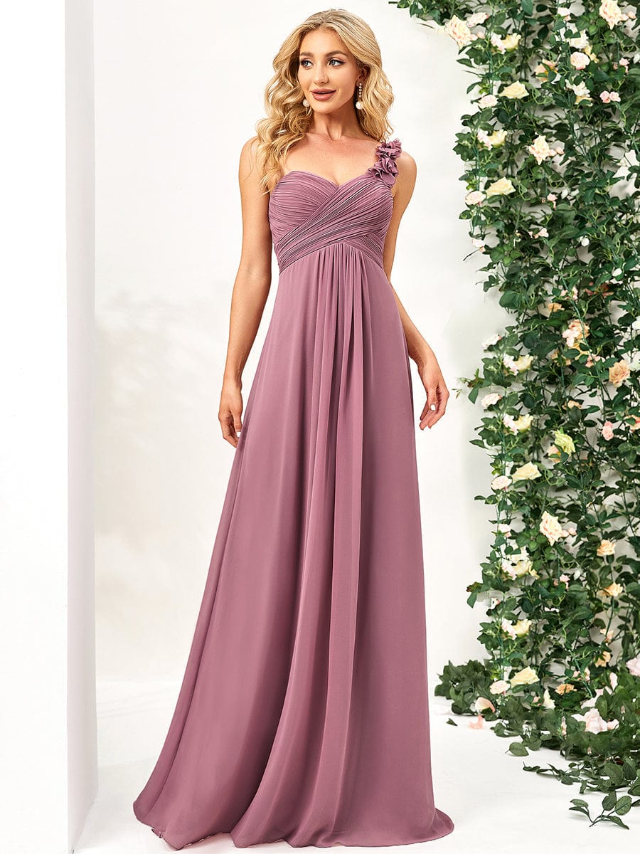Elegant One-Shoulder Chiffon Bridesmaid Gown with Floral Detail