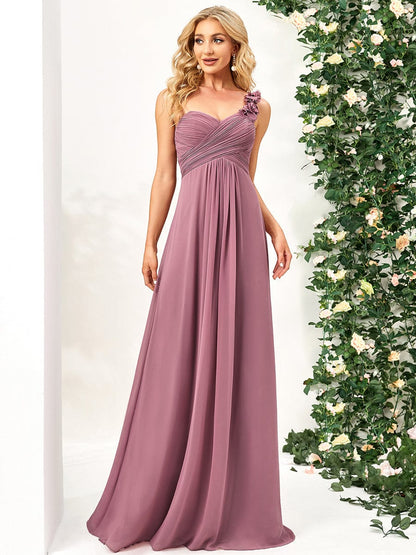 Elegant One-Shoulder Chiffon Bridesmaid Gown with Floral Detail