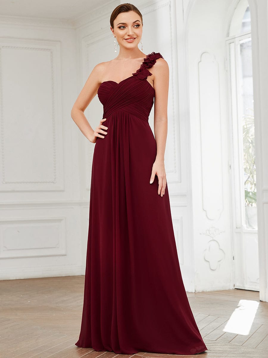 Elegant One-Shoulder Chiffon Bridesmaid Gown with Flower Detail