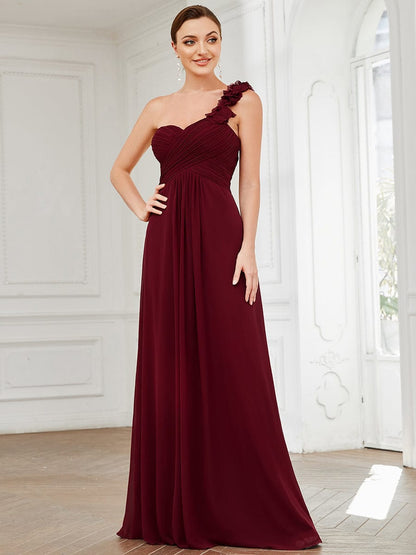 Elegant One-Shoulder Chiffon Bridesmaid Gown with Flower Detail