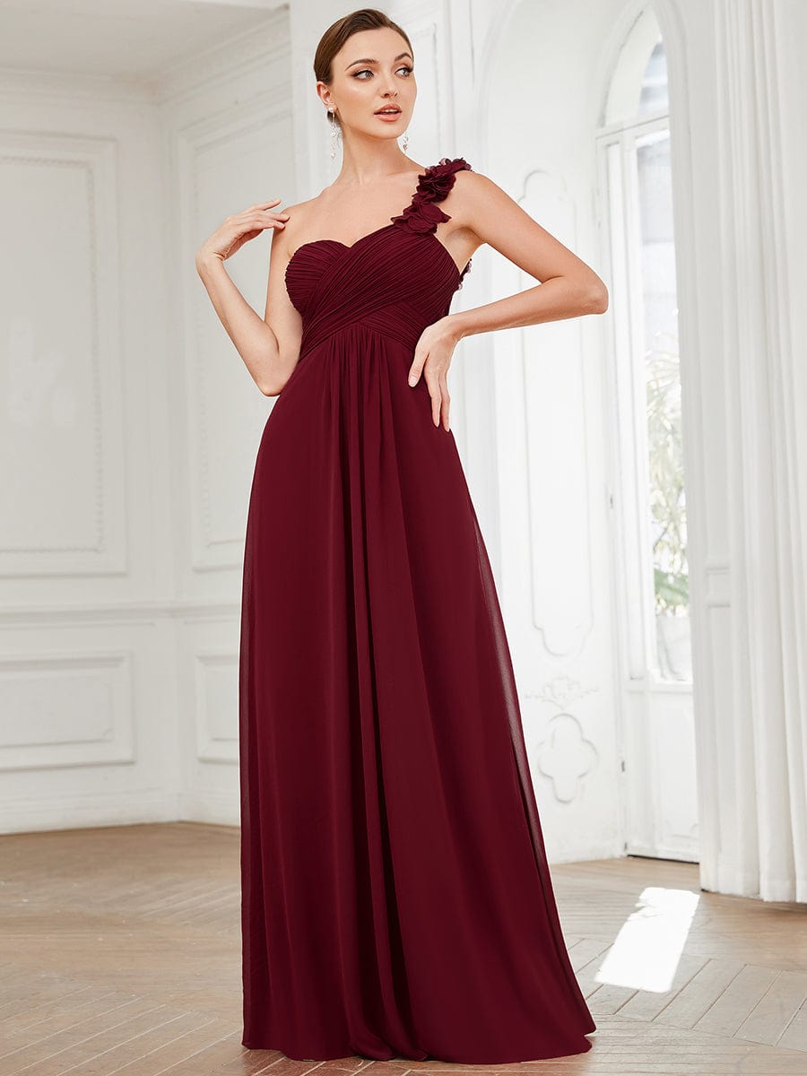 Elegant One-Shoulder Chiffon Bridesmaid Gown with Flower Detail