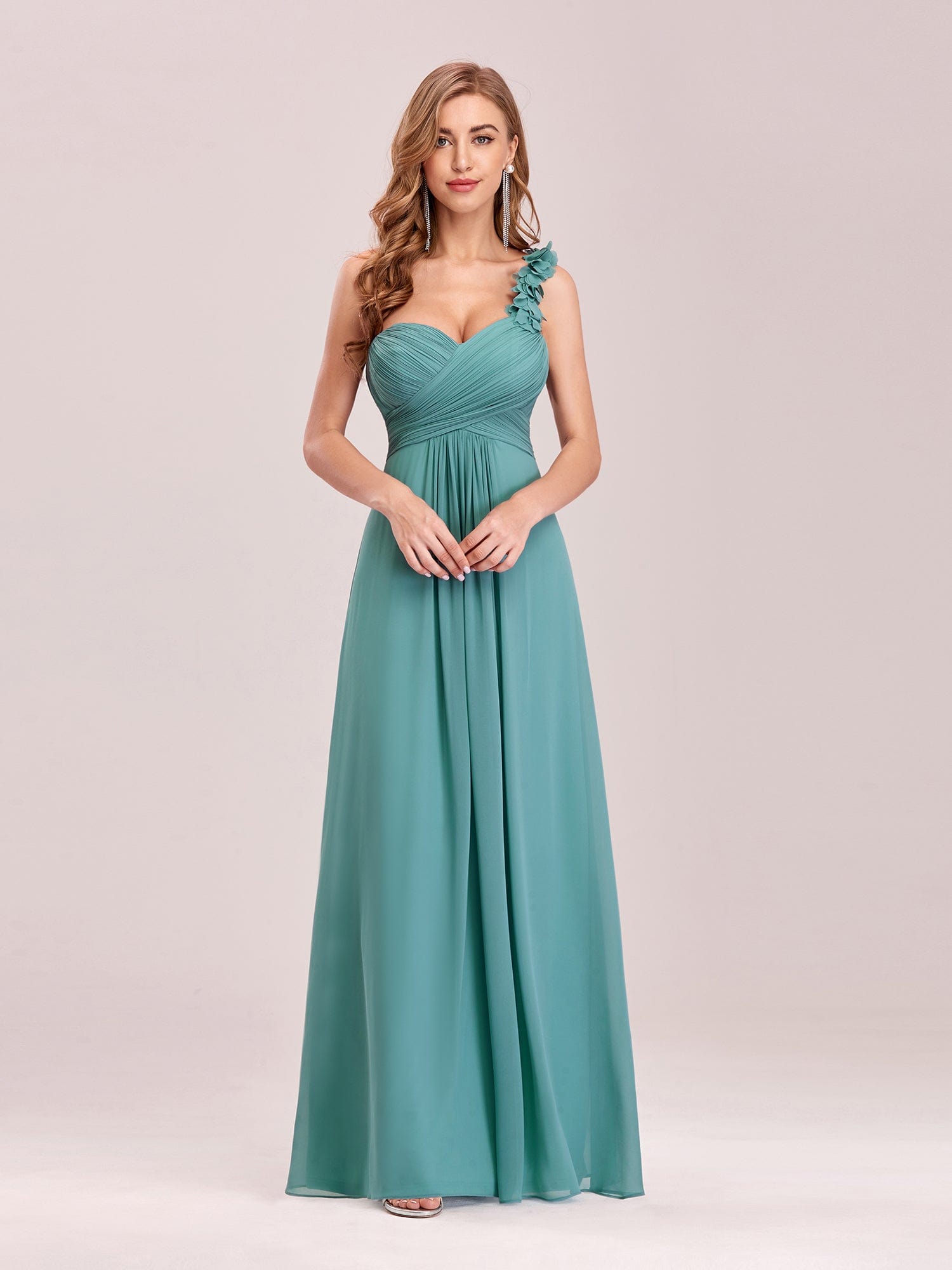 Elegant One-Shoulder Chiffon Bridesmaid Gown with Flower Detail