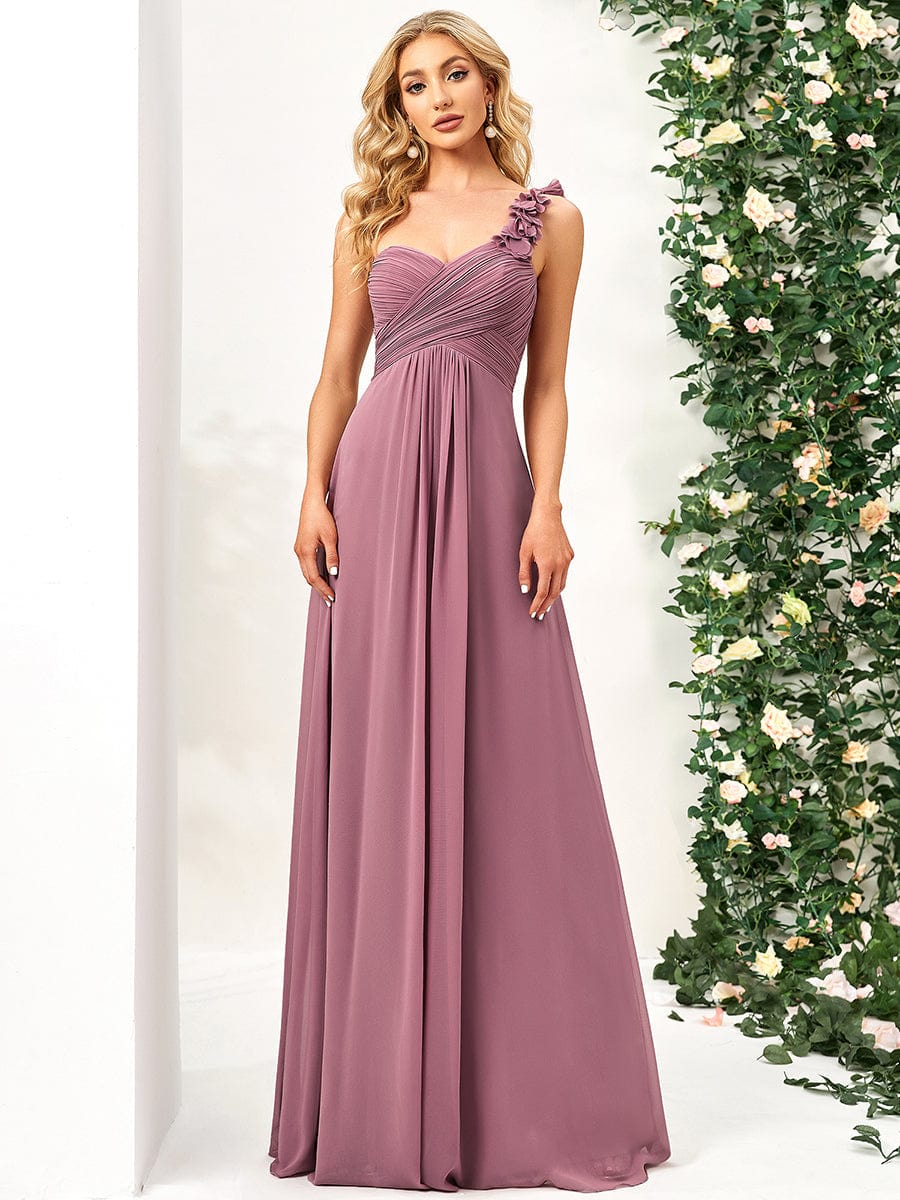 Elegant One-Shoulder Chiffon Bridesmaid Gown with Flower Detail
