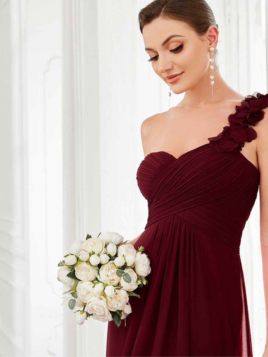 Elegant One-Shoulder Chiffon Bridesmaid Gown with Flower Detail