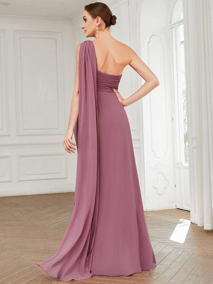Elegant One-Shoulder Chiffon Bridesmaid Gown with Pleats