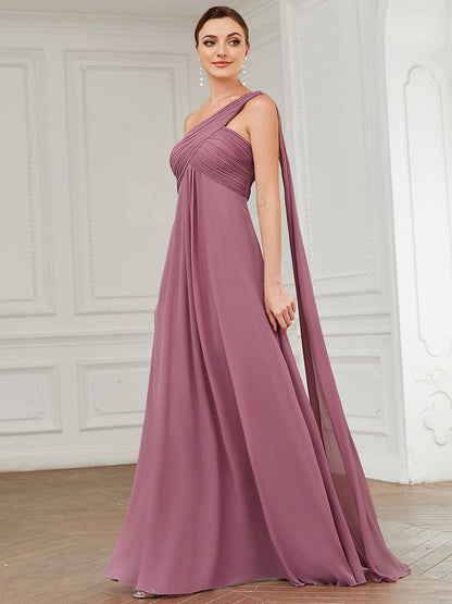 Elegant One-Shoulder Chiffon Bridesmaid Gown with Pleats