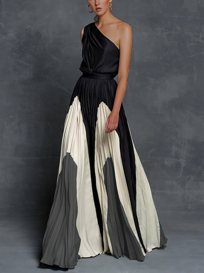 Elegant One Shoulder Colorblock A Line Prom Dress