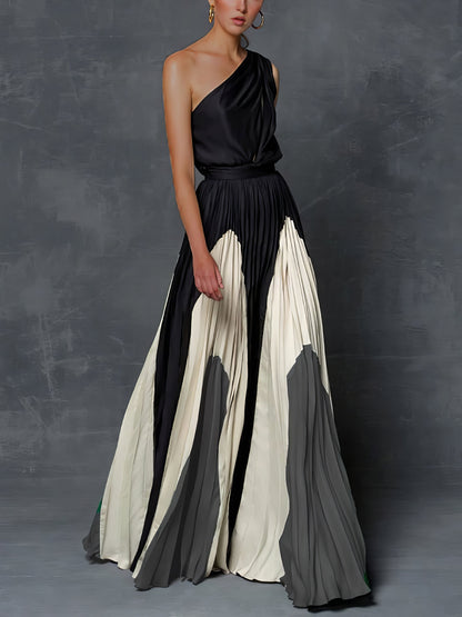 Elegant One Shoulder Colorblock A Line Prom Dress