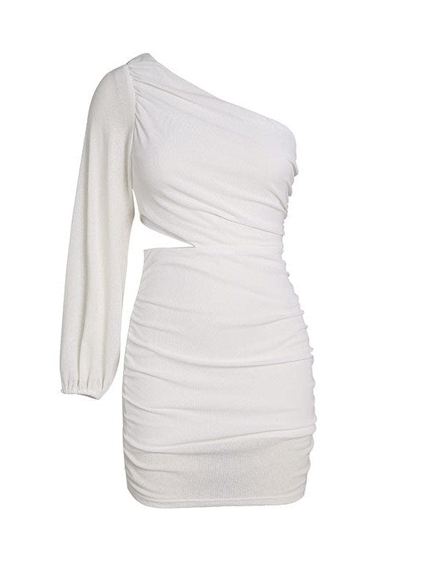 Elegant One-Shoulder Long-Sleeved Dress with Hollow Waist for Women