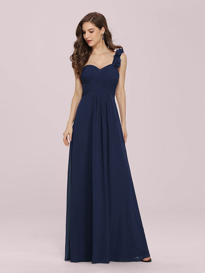 Elegant One Shoulder Navy Blue Bridesmaid Dress with Floral Accents