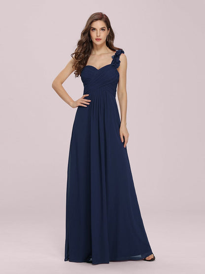 Elegant One Shoulder Navy Blue Bridesmaid Dress with Floral Accents