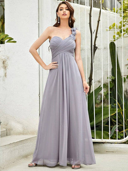 Elegant One Shoulder Navy Blue Bridesmaid Dress with Floral Accents