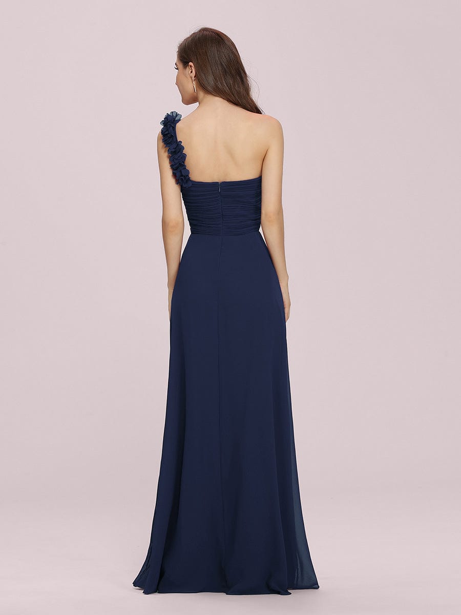 Elegant One Shoulder Navy Blue Bridesmaid Dress with Floral Accents