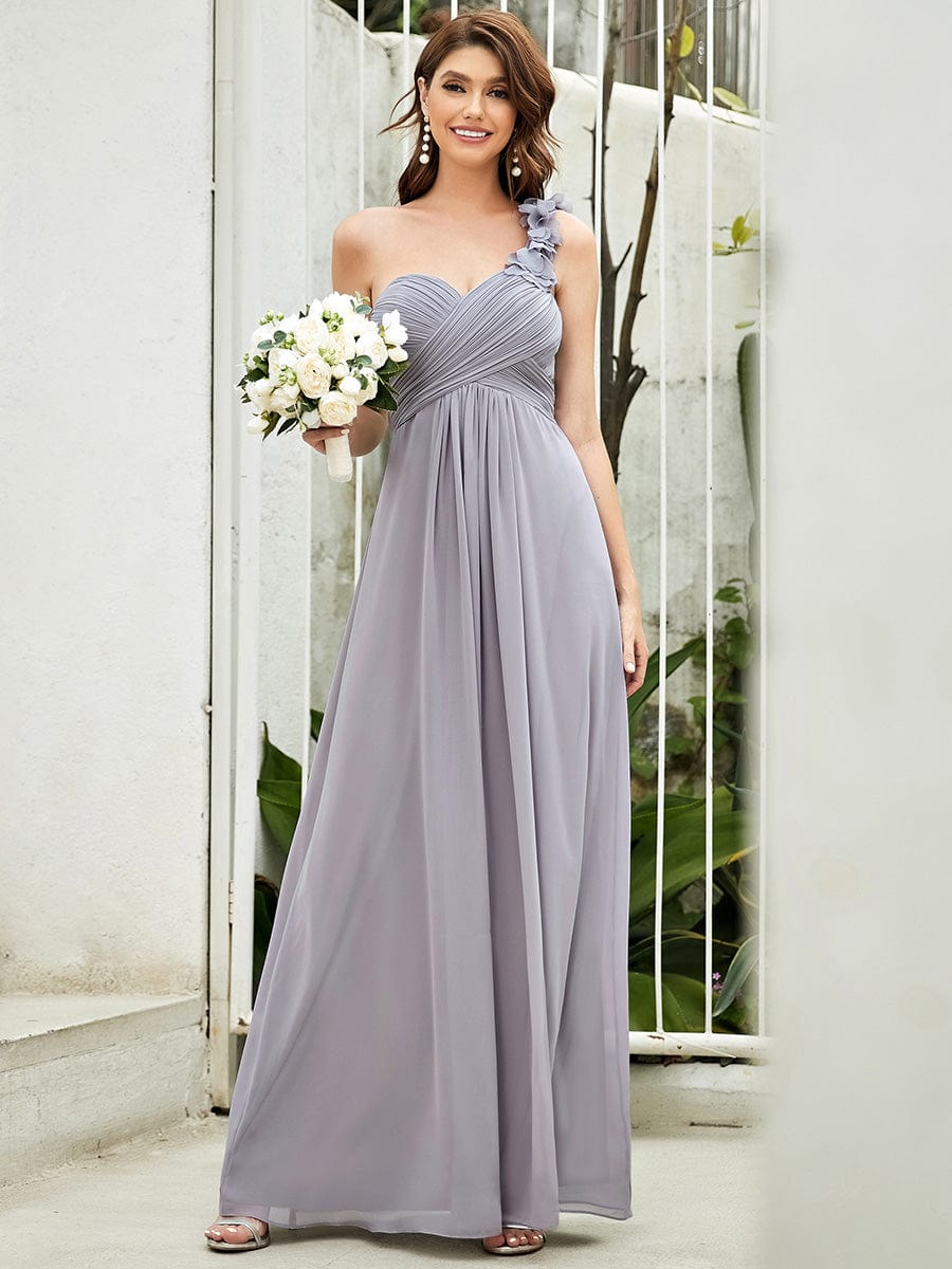 Elegant One Shoulder Navy Blue Bridesmaid Dress with Floral Accents