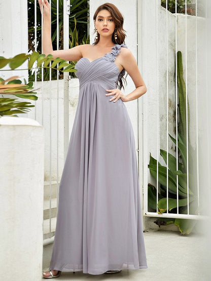 Elegant One Shoulder Navy Blue Bridesmaid Dress with Floral Accents