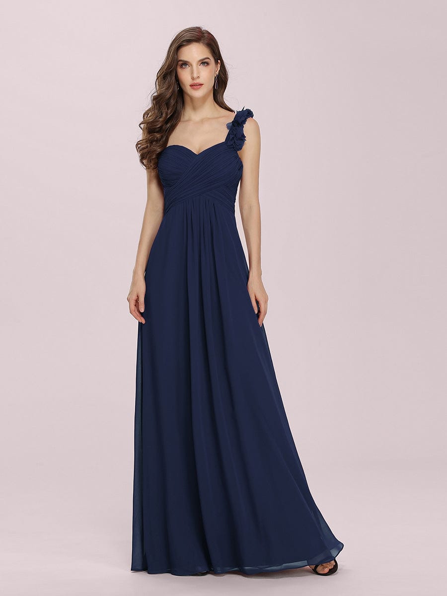 Elegant One Shoulder Navy Blue Bridesmaid Dress with Floral Accents