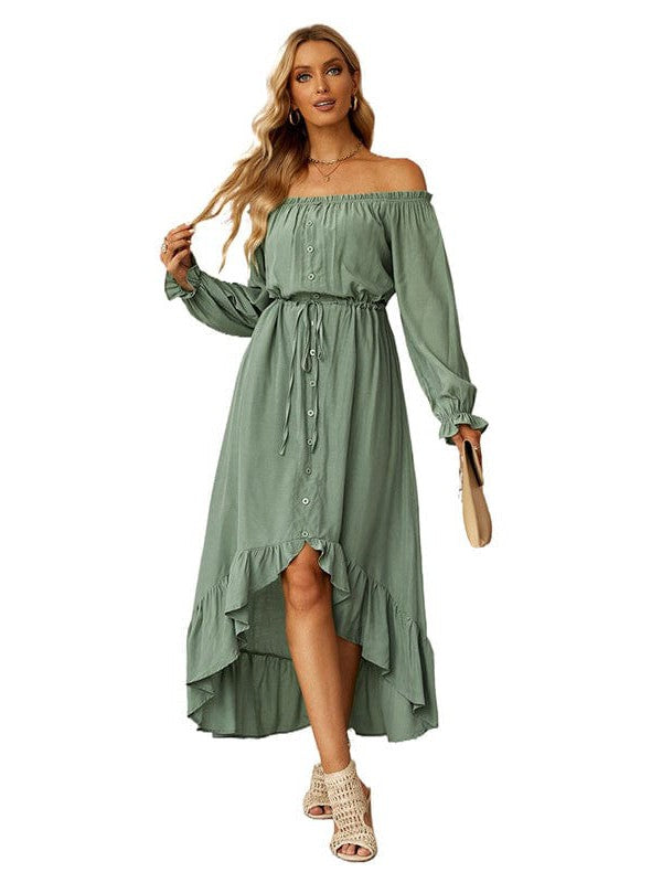 Elegant One-Shoulder Slimming Long Dress with Pleated Skirt