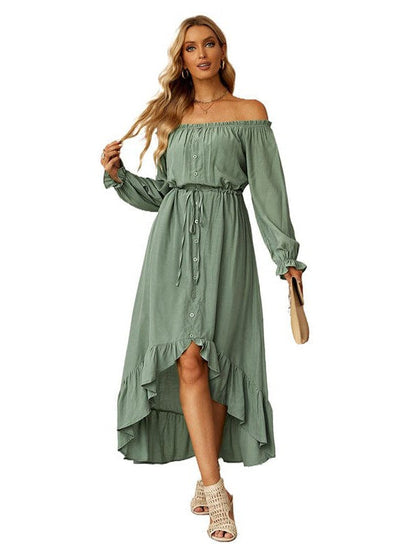 Elegant One-Shoulder Slimming Long Dress with Pleated Skirt