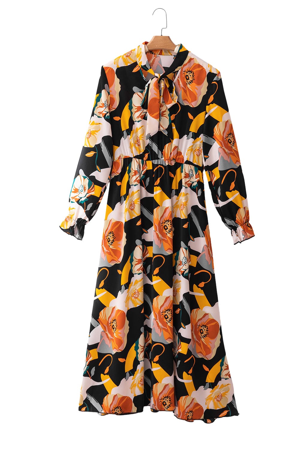 Elegant Orange Floral Print Bow Tie Dress