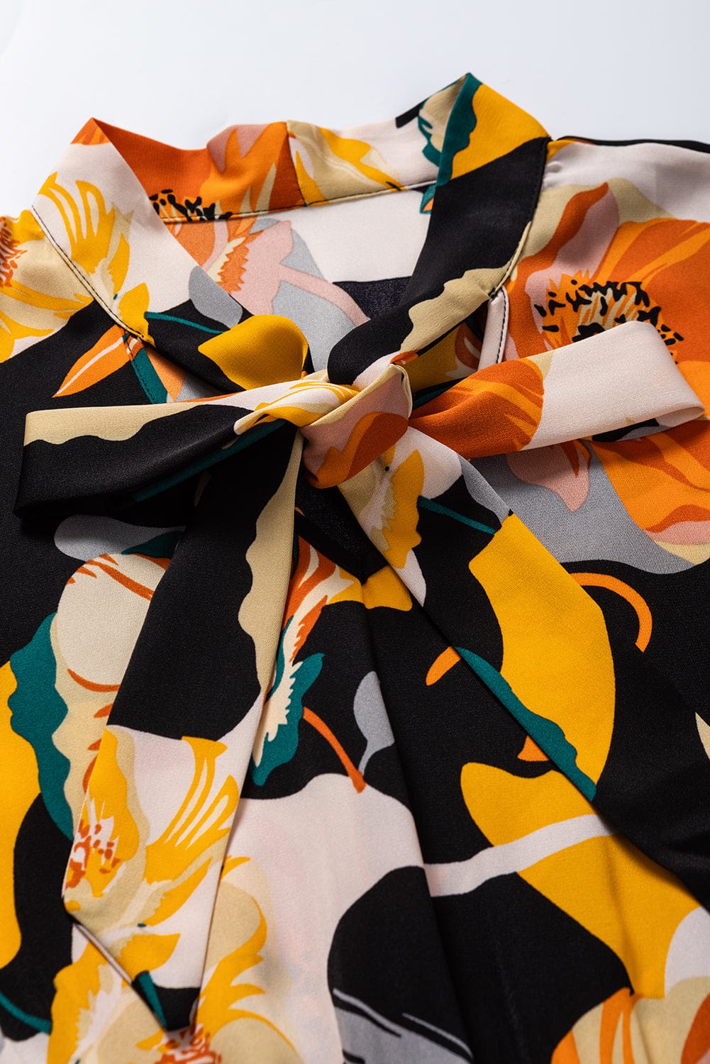 Elegant Orange Floral Print Bow Tie Dress