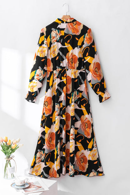 Elegant Orange Floral Print Bow Tie Dress