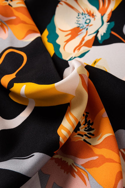 Elegant Orange Floral Print Bow Tie Dress