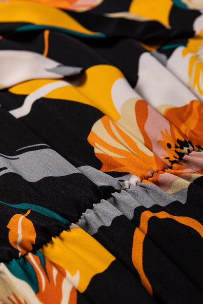 Elegant Orange Floral Print Bow Tie Dress