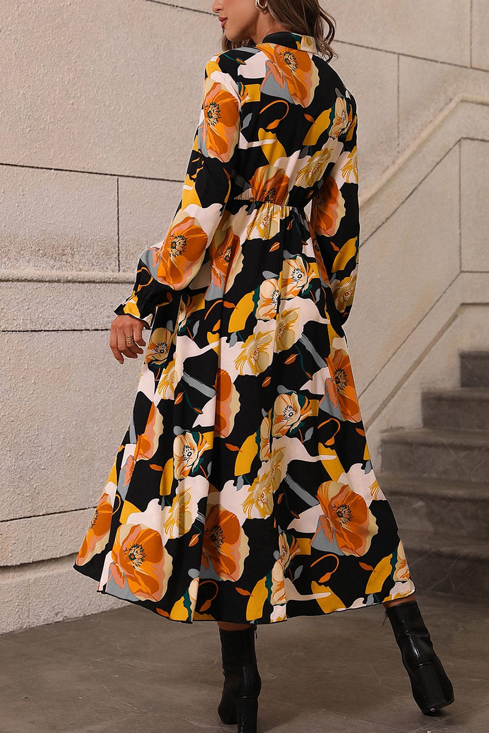Elegant Orange Floral Print Bow Tie Dress