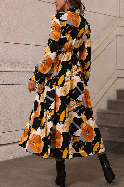 Elegant Orange Floral Print Bow Tie Dress