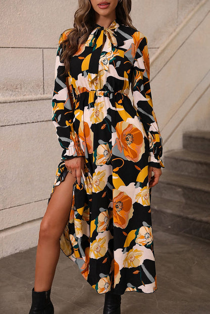 Elegant Orange Floral Print Bow Tie Dress