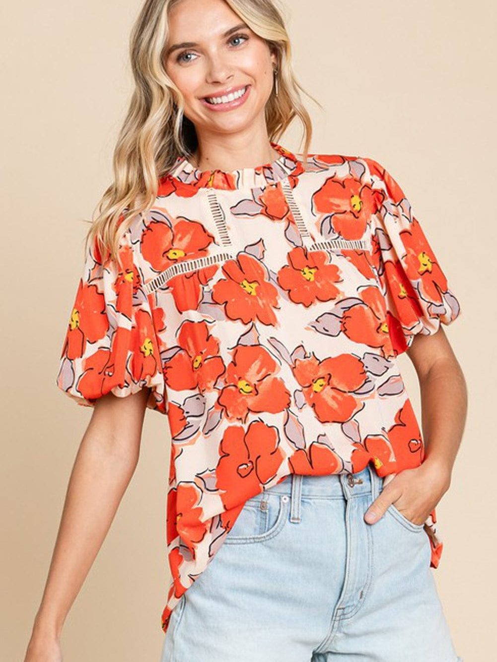 Elegant Orange Floral Ruffle Neck Puff Sleeve Blouse