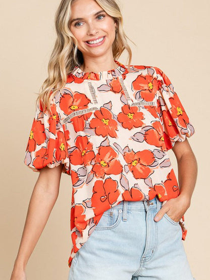 Elegant Orange Floral Ruffle Neck Puff Sleeve Blouse