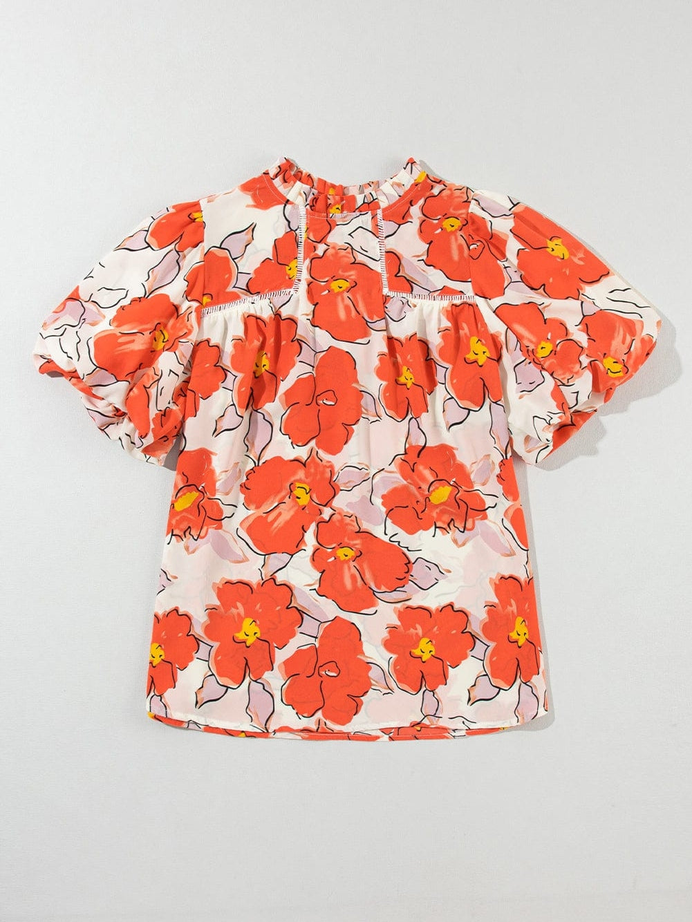Elegant Orange Floral Ruffle Neck Puff Sleeve Blouse