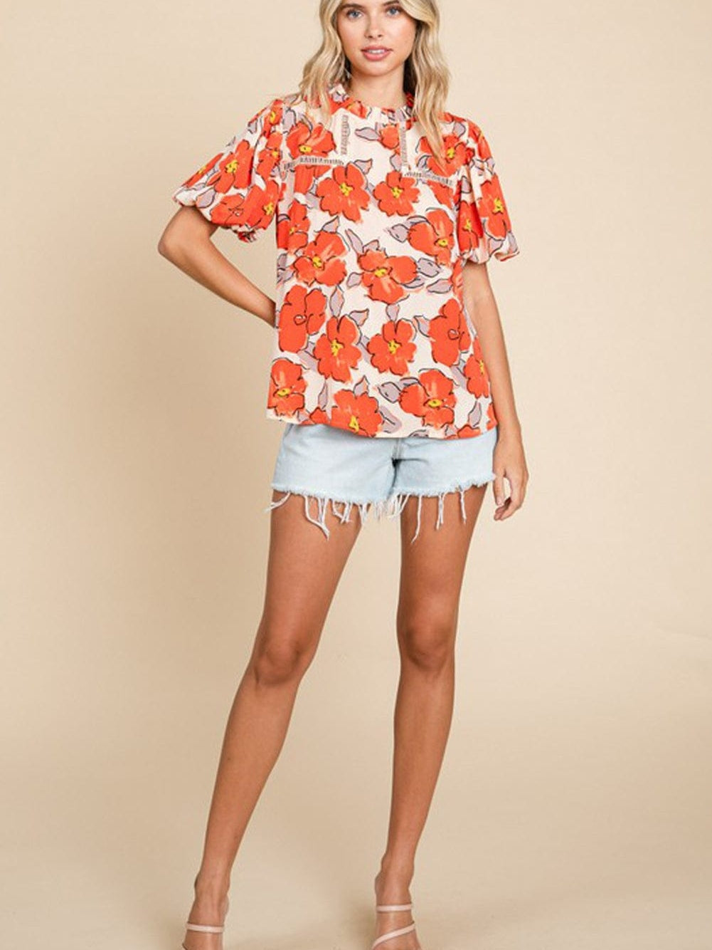 Elegant Orange Floral Ruffle Neck Puff Sleeve Blouse